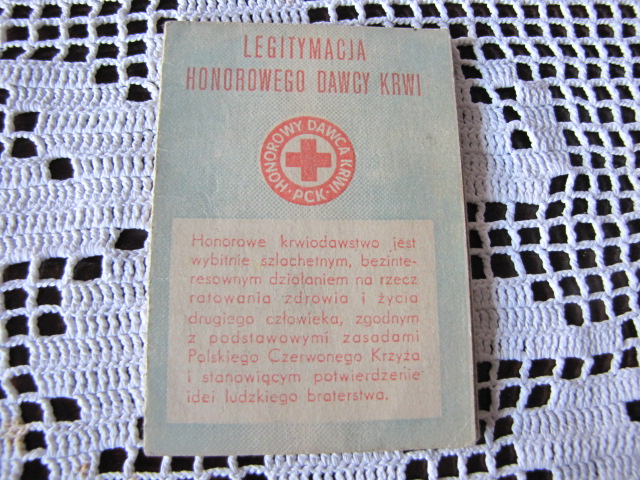 STARA LEGITYMACJA PCK HONOROWY DAWCA KRWI 1983 R.