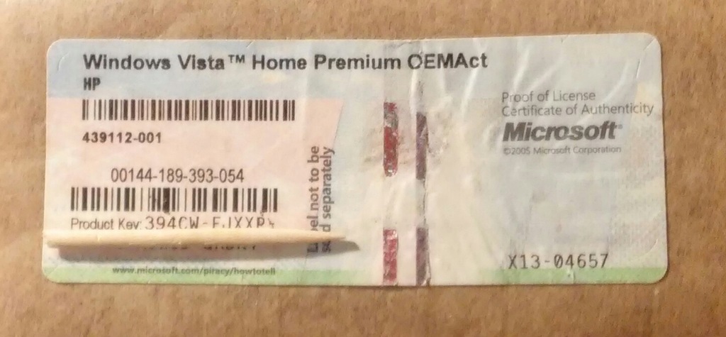 MS WINDOWS VISTA HOME PREMIUM OEMAct HP KLUCZ