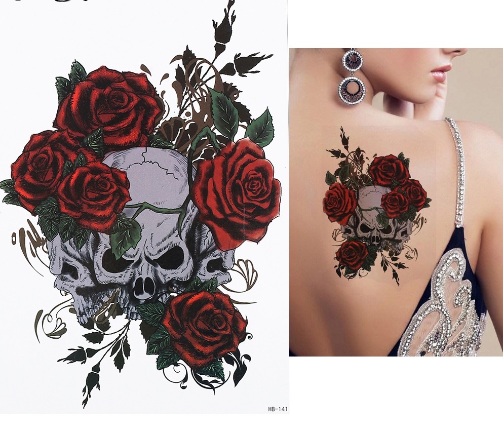 Tatuaz zmywalny 3D rock czaszki i róże tattoo