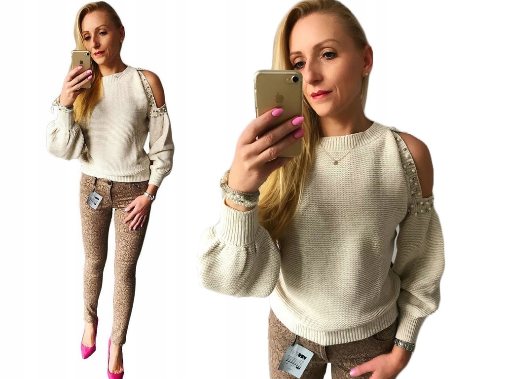 SWETER z perełkami PEREŁKI wycięcia MILUTKI ciepły