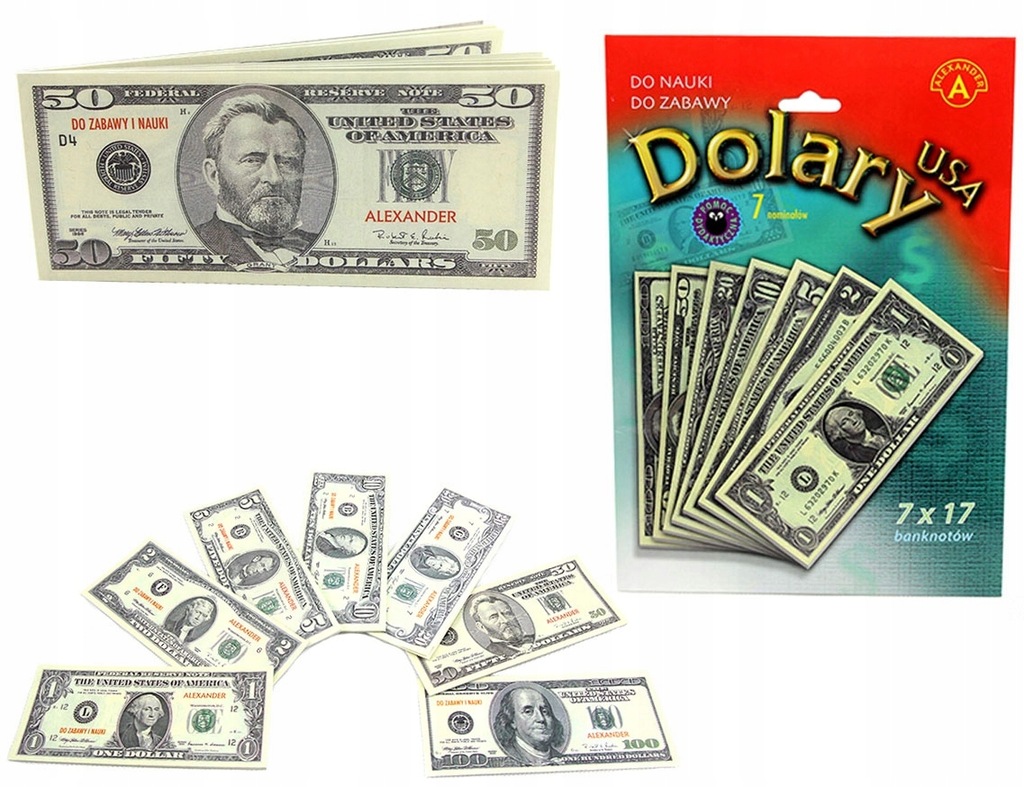 PIENIĄDZE ZABAWKOWE DOLARY BANKNOTY MONETY