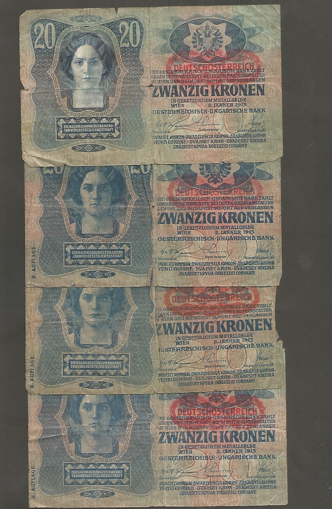 ZESTAW AUSTRIA 20 koron 1913 r - 4 sztuki.