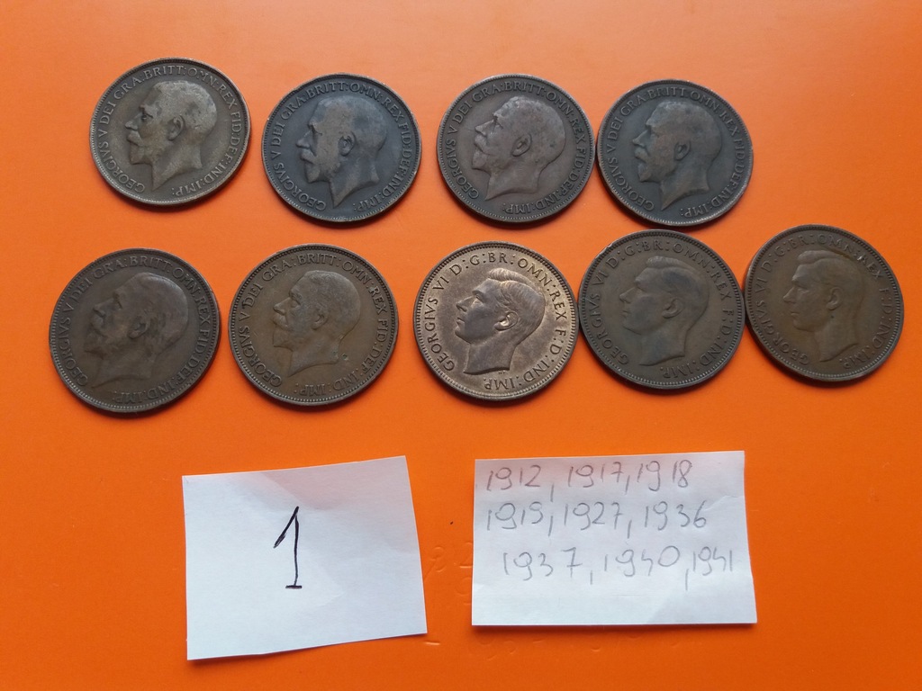 one british penny 1912,17,18,19,27,36,37,40,41.