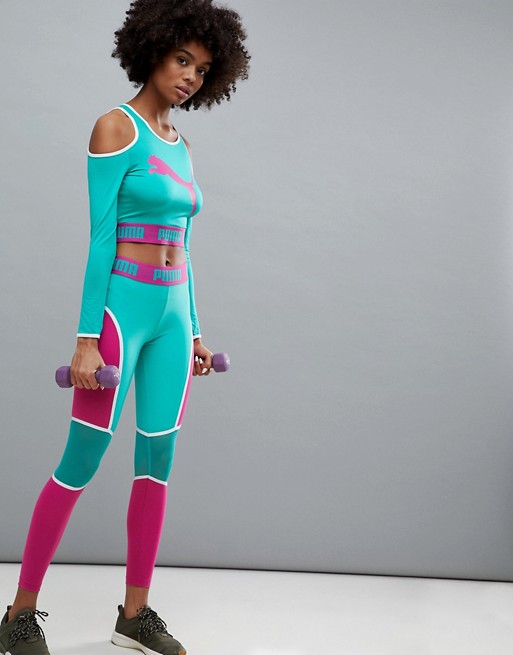 PUMA Sportowe Legginsy Logo Siateczka Miętowe