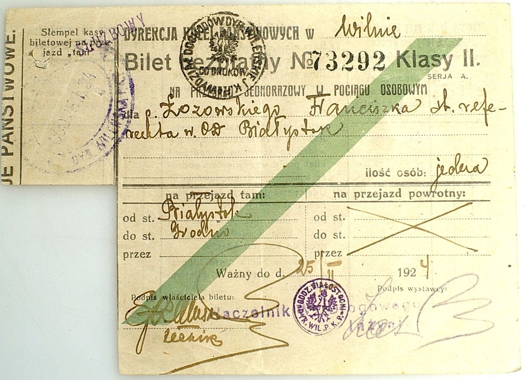PKP Wilno BILET BEZPŁATNY Białystok Grodno 1924