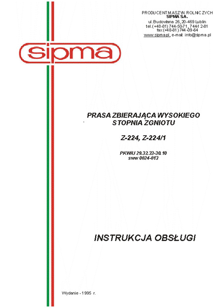 SIPMA Z-224; Z-224/1 - instrukcja obsługi PL 1995