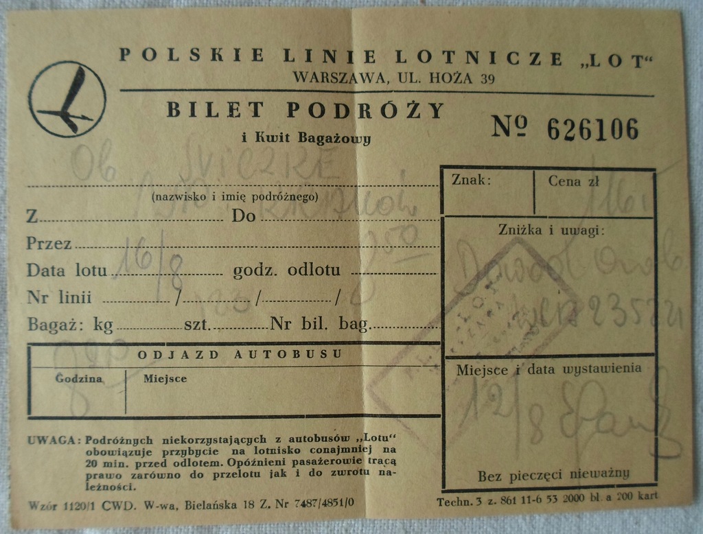 Bilet podróży PLL Lot Warszawa Kraków lata 50-te