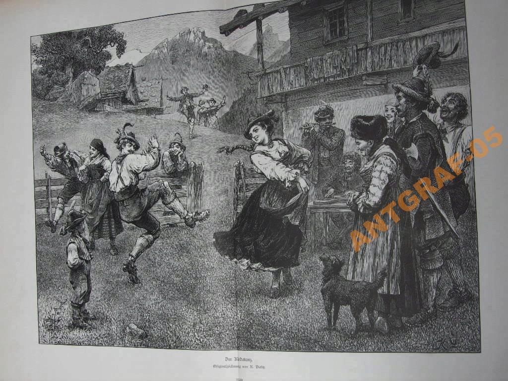 GÓRALSKI TANIEC GÓRALE ALPY drzeworyt 1880 r.