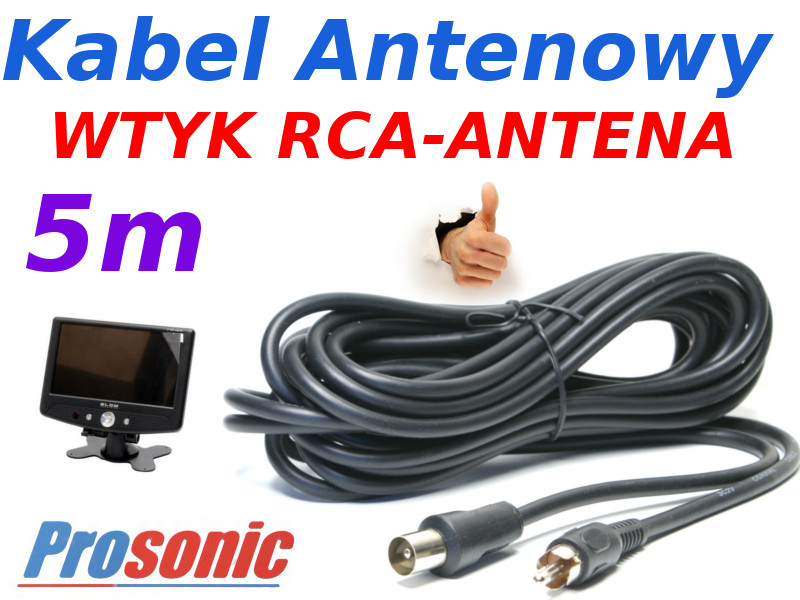 Kabel przewód antenowy TV na wtyk RCA 5m d miniTV