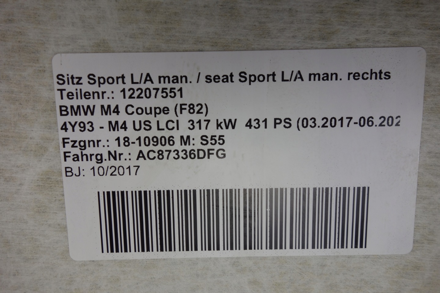 CIELO INTERNO HEADLINING BMW F82 M4 F32 ANTHRAZIT USA