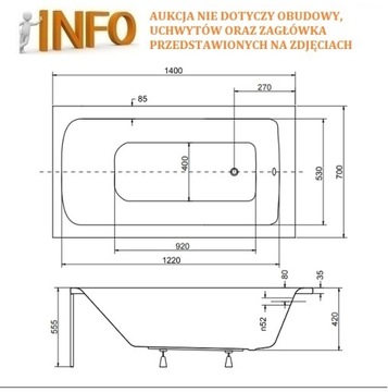 ПРЯМОУГОЛЬНАЯ ВАННА BESCO TALIA 140x70 СИФОННЫЕ НОЖКИ