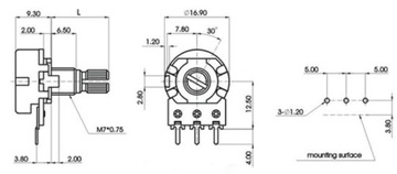 Поворотный потенциометр B250k, линейный 250 кОм (0147)