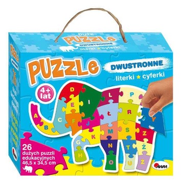 Puzzle dwustronne literki cyferki słoń 26 elementów