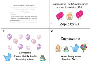 Zaproszenia 2 w 1 chrzest i urodziny