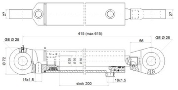 SIŁOWNIK CYLINDER TŁOK HYDRAULICZNY 50/28 SKOK 200mm L:415 HYDROLIDER