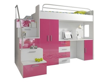 Antresola łóżko piętrowe RAJ 4s ze schodkami + stelaż - fronty biały połysk