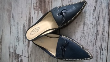 TOD'S MULES POINTED TOE LOAFERS NAVY SKÓRA CAŁE 36