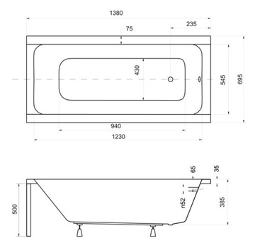 BESCO MODERN АКРИЛОВАЯ ВАННА 140x70 КОРПУС СИФОНА