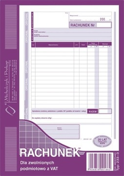 233-3 RACHUNEK DLA ZWOLNIONYCH PODMIOTOWO Z VAT