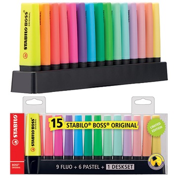 Zakreślacze STABILO BOSS neon, pastel zestaw w etui 15 kolorów na podstawce