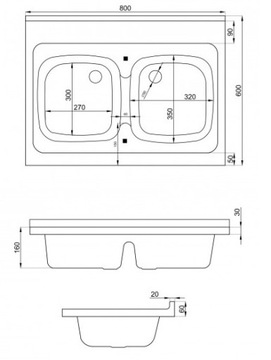 РАКОВИНА белая мойка 60х80 + СИФОН со свободным отверстием