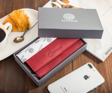 КОЖАНЫЙ КОШЕЛЕК ЖЕНСКИЙ Betlewski красный премиум RFID в подарочной упаковке