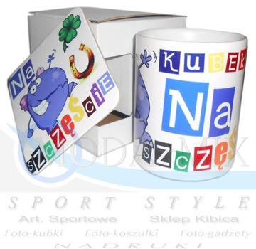 Kubek NA SZCZĘŚCIE nadruk imienia podstawka GRATIS