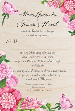 Zaproszenia ślubne drewniane ślub wesele kwiaty