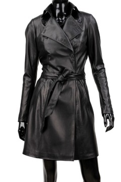 Dvojradový čierny Dámsky kožený kabát zviazaný v páse DORJAN WIA450 L