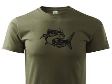 WĘDKARSKI T-SHIRT KHAKI 100% BAWEŁNA NADRUK SUM L