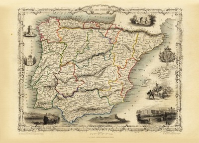 HISZPANIA PORTUGALIA mapa ilustrowana płótno