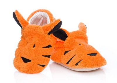 Pomarańczowe buciki niechodki niemowlęce w postaci tygrysków roz. 0-6 m-cy