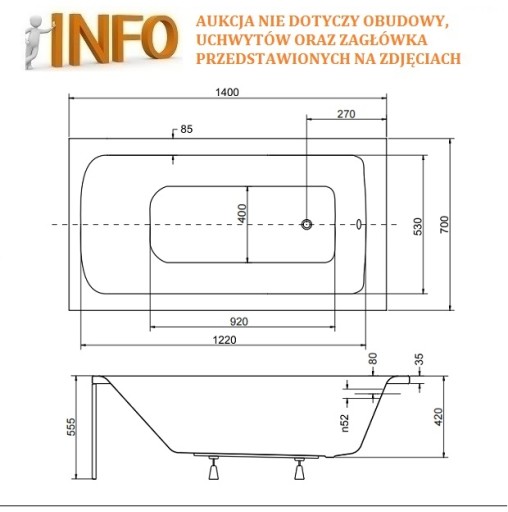 ПРЯМОУГОЛЬНАЯ ВАННА BESCO TALIA 140x70 СИФОННЫЕ НОЖКИ