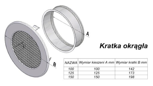 KRATKA OKRĄGŁA CZARNA FI 125 KOMINKOWA wentylacyjna metalowa z siatką