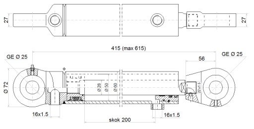 SIŁOWNIK CYLINDER TŁOK HYDRAULICZNY 50/28 SKOK 200mm L:415 HYDROLIDER