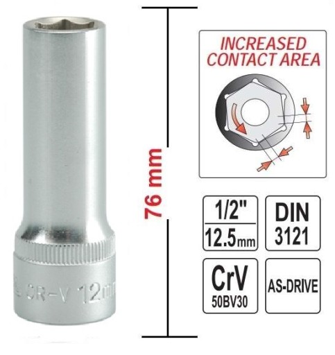Головка шестигранная длинная 1/2' 12мм YATO YT-1225