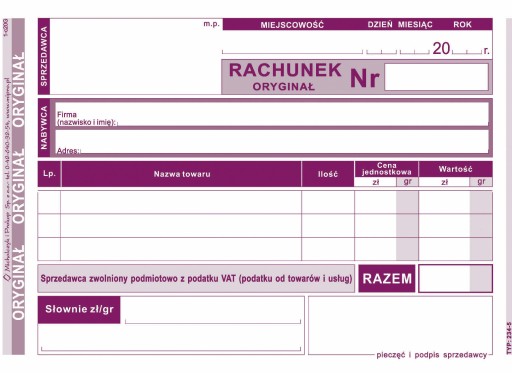 Rachunek dla zwolnionych podmiotowo z VAT oryginał + 1 kopia 80k. A6 234-5