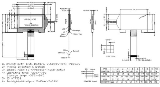 ART LCD графический 128x64-C COG LED b/l-K/W 3,3В