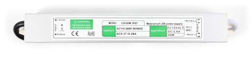 БЛОК ПИТАНИЯ 12В 30ВТ 2.5А IP67 ВОДОНЕПРОНИЦАЕМЫЙ ДЛЯ СВЕТОДИОДНЫХ ЛЕНТ