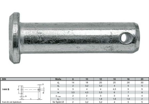 Стальной штифт с отверстием DIN 1444 B, оцинкованный 16x40