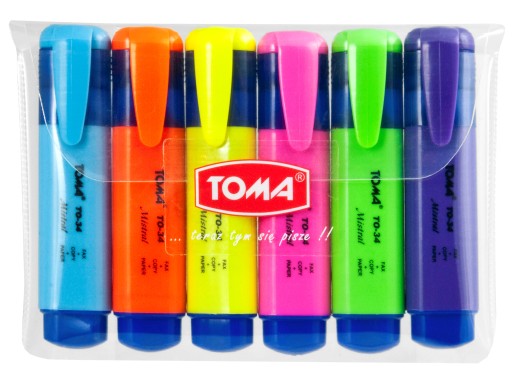 Zestaw ZAKREŚLACZY FLUORESCENCYJNYCH 6 różnych kolorów 5 mm NEONOWYCH TOMA