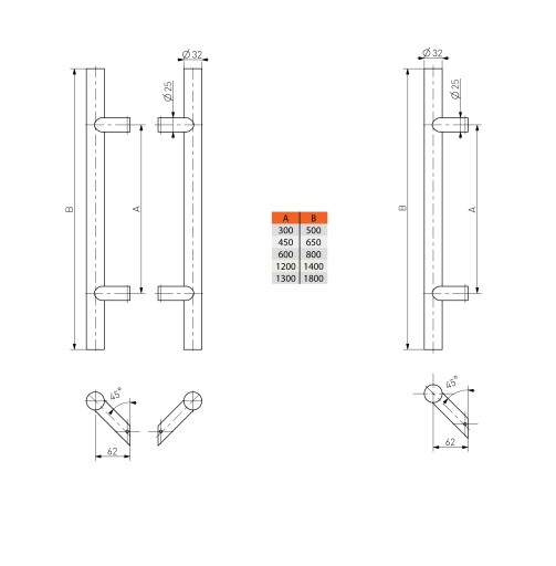 ручка-ручка дверная ручка INOX fi32мм300/500/45