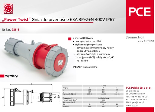 Розетка переносная 63А 5П 400В IP67 235-6 TWIST PCE