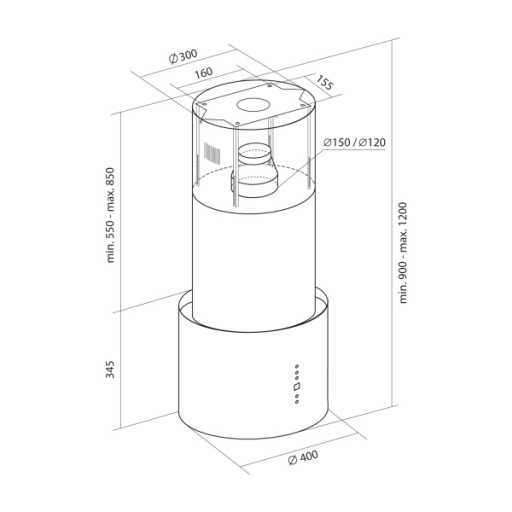 Островная вытяжка Toflesz Cylinder BK, матовая, 40 см, 700 м3/ч