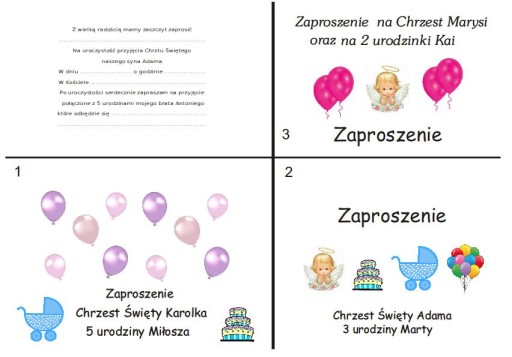 Zaproszenia 2 w 1 chrzest i urodziny