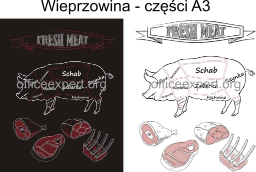 PLAKAT ROZBIORU MIĘSA - Wieprzowina świnia części mięso w antyramie A3