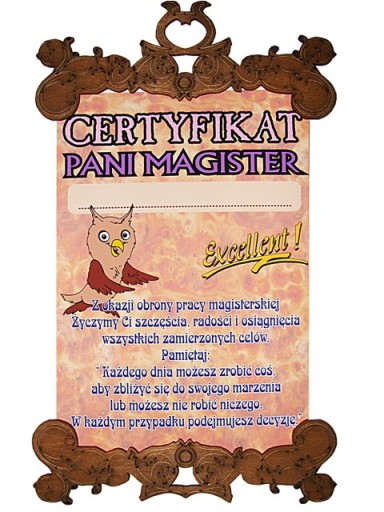 dyplom CERTYFIKAT PANI MAGISTER prezent