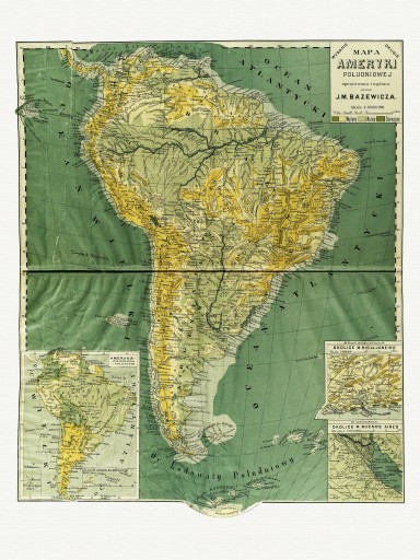 AMERYKA POŁUDNIOWA mapa fizyczna BAZEWICZ 1921 r.