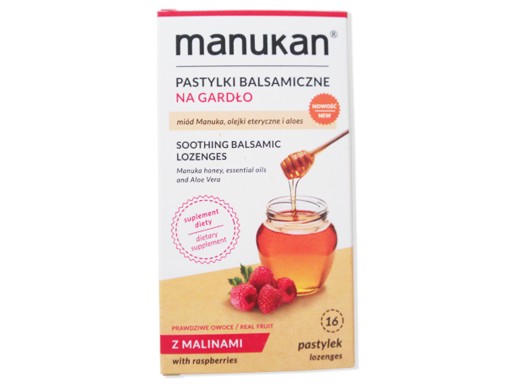 MANUKAN MALINOWY, pastylki z miodem Manuka 16szt