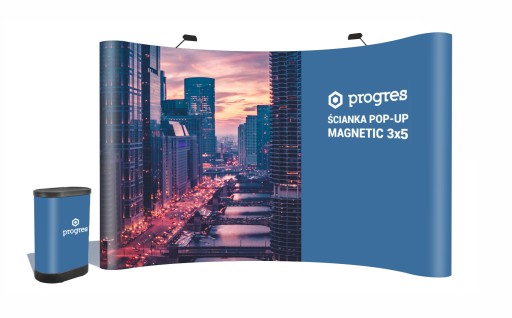 ŚCIANKA POP UP MAGNETIC 3X5 Z TRYBUNKĄ + WYDRUK